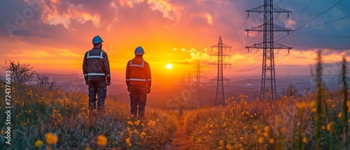After a day of work at a high-voltage line tower, electrical engineers discuss the results. © tongpatong