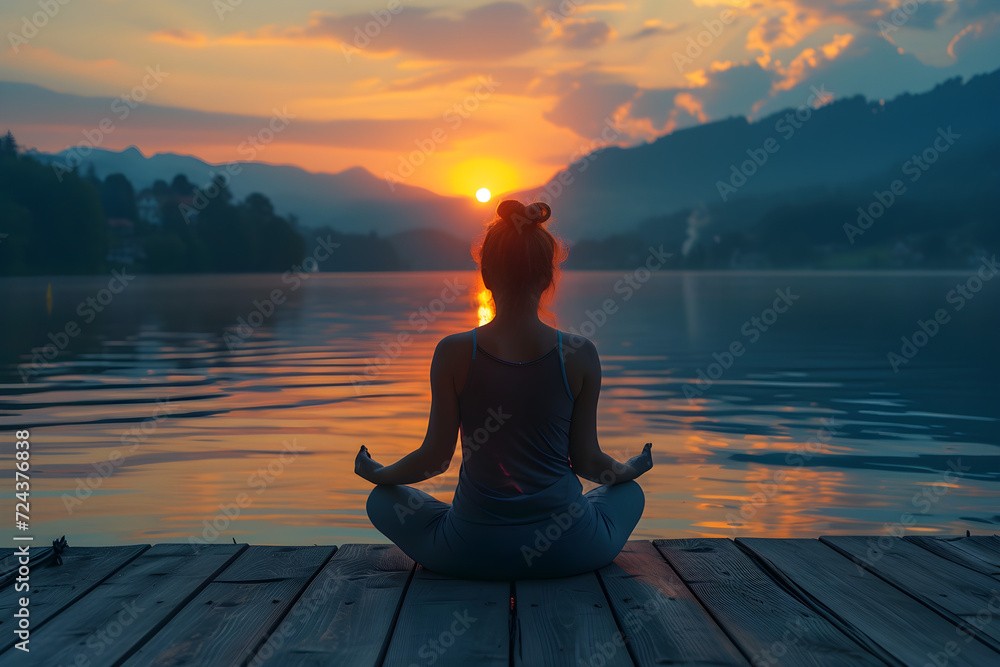 Back view of a woman meditating on the dock on the lake at sunrise