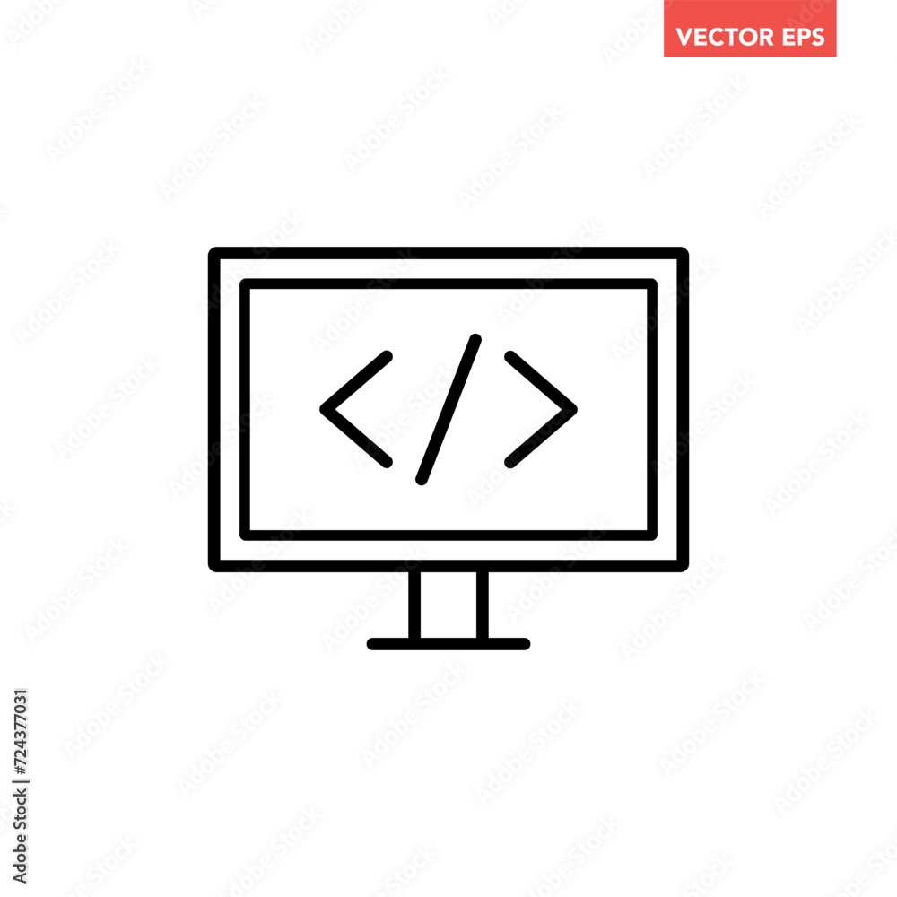 Black single coding computer line icon, simple monitor programming flat design pictogram vector for app ads web banner button ui ux interface elements isolated on white background Black single coding computer line icon, simple monitor programming flat design pictogram vector for app ads web banner button ui ux interface elements isolated on white background