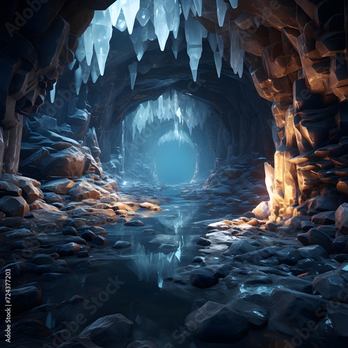 3D CG rendering of cave with ice and stalagmites