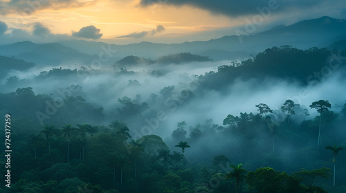 Cloudy rainforest morning fog. generative ai
