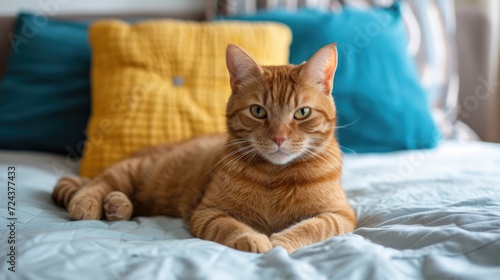 Cat with color pillows behind him on a bed.
