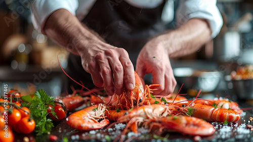 Professional chef hands preparing seafood feast meal of shrimps crabs and lobsters at restaurant. Generative AI