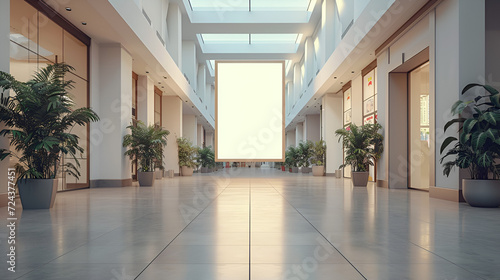 public shopping center mall or business center high big advertisement board space as empty blank white mockup signboard with copy space area for sale and offers advertisements - Generative AI © Saleem