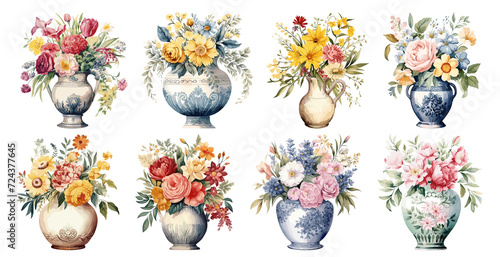 Set of watercolor vintage old vase with flowers, Sticker, Ornaments, png, generated ai photo
