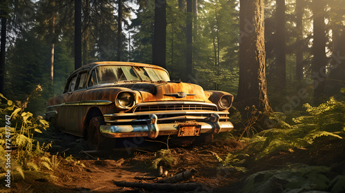 An old car, in the open air, covered with a thick layer of rust, stands on the edge of the forest and behind you can see a highway surrounded by a mixed forest, under bright sunlight.