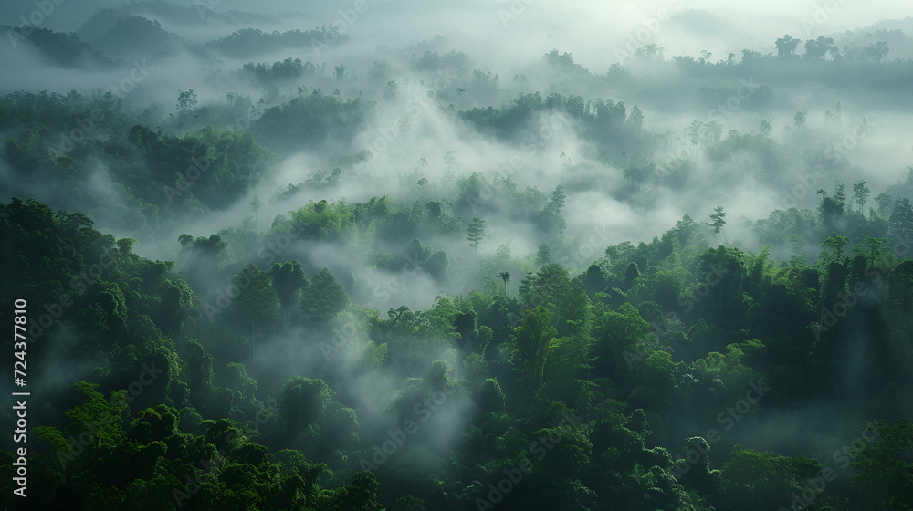rainforest morning fog, generative ai - obrazy, fototapety, plakaty 