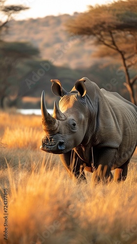 In the savanah  a lone rhino