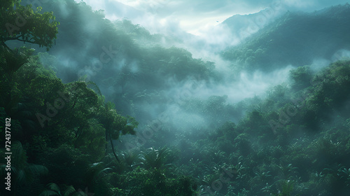 rainforest morning fog, generative ai