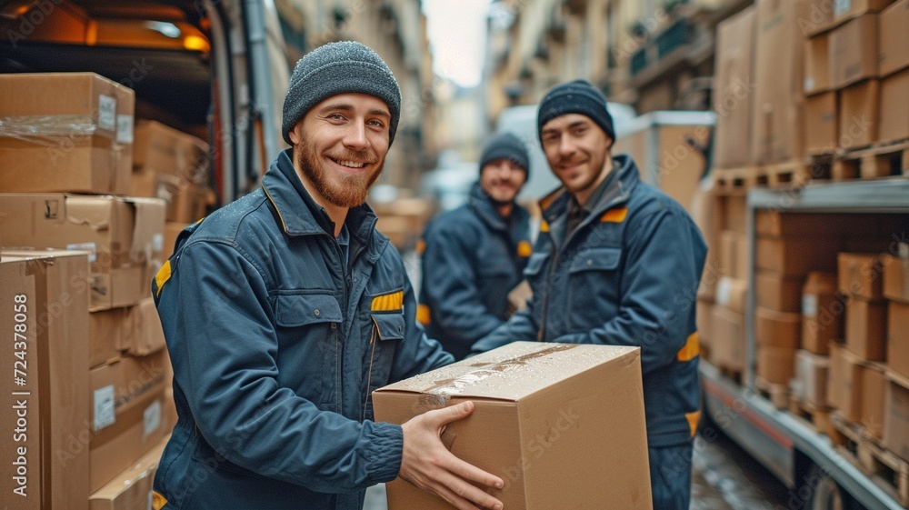 Moving assistance In an example of cooperation and teamwork, workers unload goods from a vehicle. Uniformed delivery guys moving goods Moving assistance In an example of cooperation and teamwork, workers unload goods from a vehicle. Uniformed delivery guys moving goods
