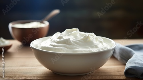 Greek yogurt on the table, greek yogurt close-up, organic food, mediterranean diet