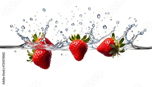 Red ripe fresh strawberries splashing in fresh water isolated on white background