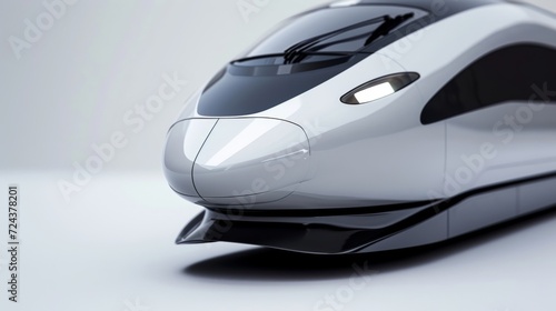 Tight shot of a highspeed trains nose showcasing its streamlined and tapered shape to decrease air resistance and improve fuel efficiency. photo