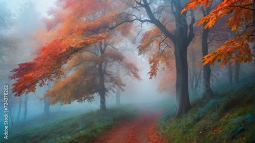 autumn forest in the blue fog