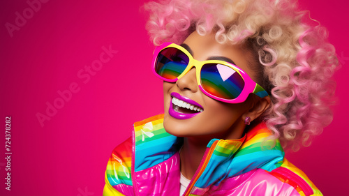 colorful hair girl wearing ultra bright disco clothes and sunglasses on pink background. Party