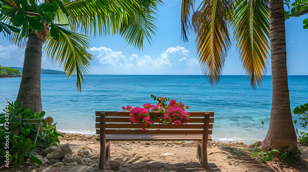 Wooden bench with flowers in the middle of two palm trees on beach, generative ai