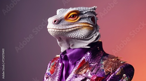 Dragon reptile fashion suit on purple solid background. birthday party. presentation. advertisement. invitation. copy text space.