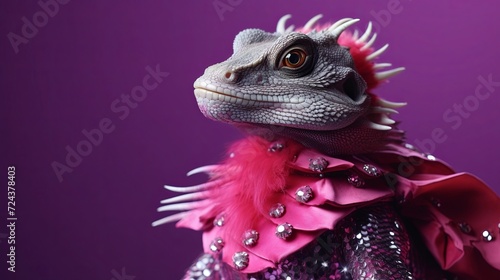 Dragon reptile fashion on purple solid background. birthday party. presentation. advertisement. invitation. copy text space.