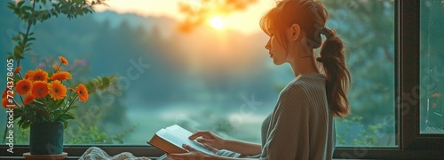 In the early dawn, a young woman at a rural guesthouse is reading a book or the Bible next to the window while enjoying the beauty of the mountains. photo