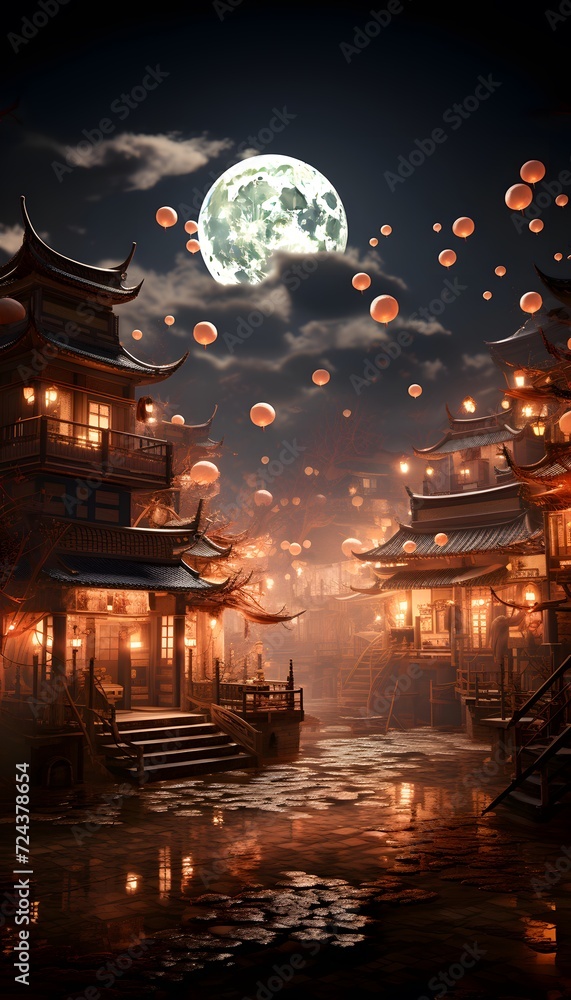 Chinese temple at night with full moon in the sky, 3d illustration