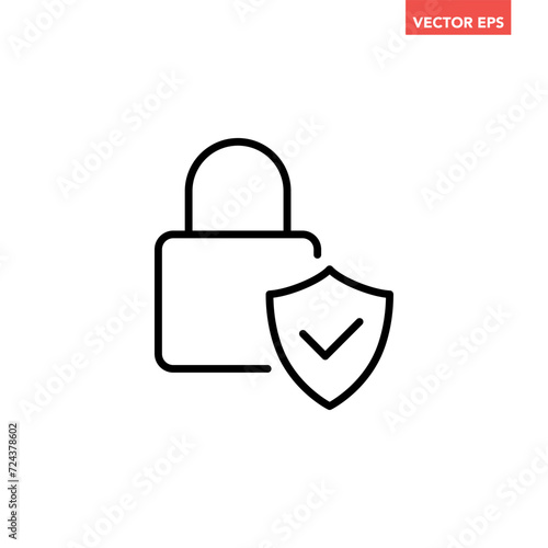 Black filled lock wth check mark line icon, simple successful protection flat design pictogram vector for app ads web banner button ui ux interface elements isolated on white background