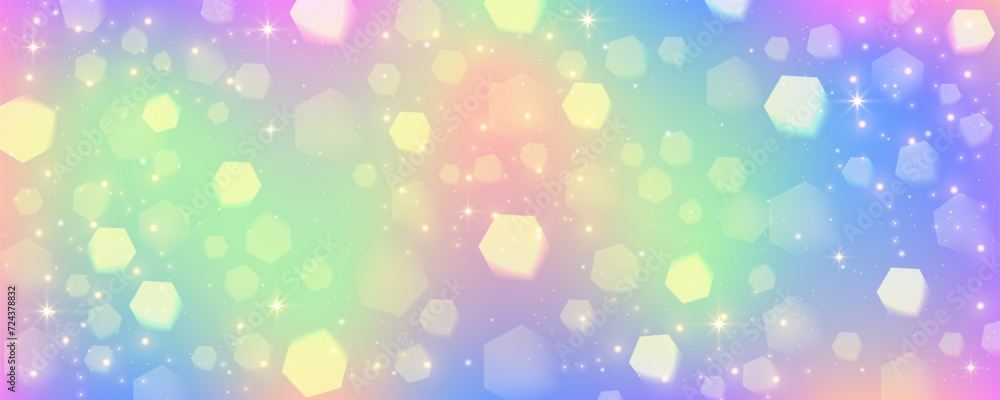 Rainbow unicorn background. Pastel watercolor sky with glitter stars and cubes. Fantasy galaxy with holographic texture. Magic marble space. Vector