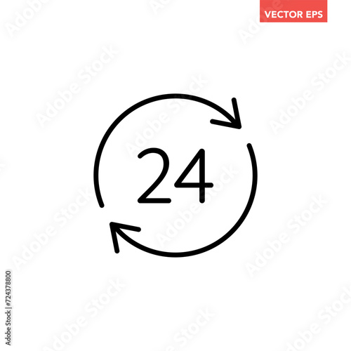 Black round up to 24 hours customer service line icon, simple 24h helpline assistance flat design pictogram vector for app ads web banner button ui ux interface elements isolated on white background