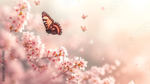 Spring banner background with pink blossom and flying butterfly, generative ai