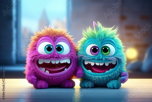 Two 3D cartoon colorful stuffed little monsters, cute monster dolls for children, children's books, monster friends