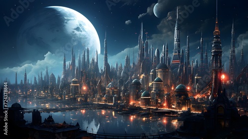 3D rendering of a fantasy city at night with a full moon