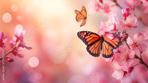 Spring banner background with pink blossom and flying butterfly, generative ai © Saleem