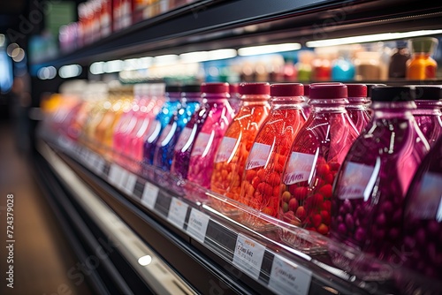 Rack with colorful product packages in the supermarket, vibrant colors and light reflections, Generative AI