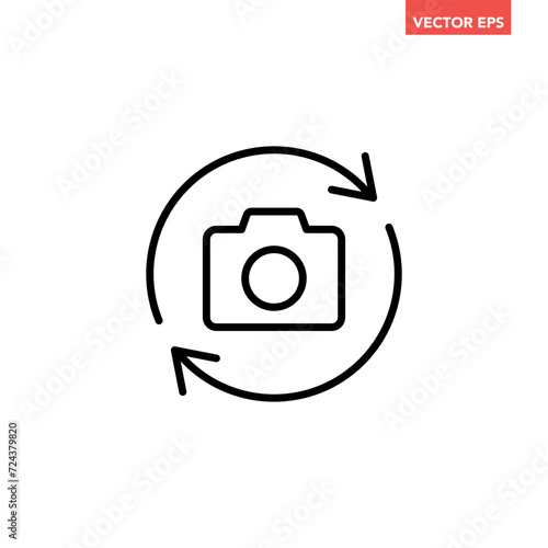 Black single rotate camera mode line icon, simple digital switch from front to back flat design pictogram vector for app ads web banner button ui ux interface elements isolated on white background