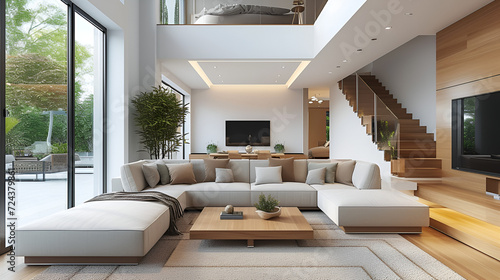 Trendy living room with modern decoration simple home, generative ai © Saleem