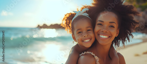 Photographie Happy black mother and daughter playing on the beach