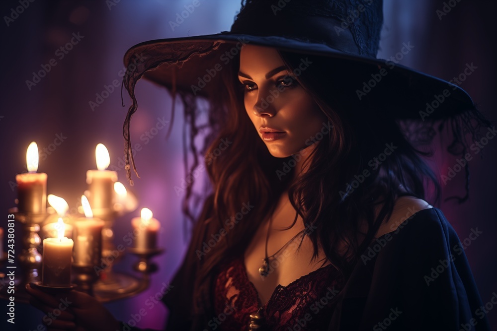 Fantasy woman witch magician in hat hood candles, ritual. Girl sorceress. Medieval cloak dress magician costume. magic, atmosphere, portrait, 4k, stock photo, quality, woman casting a spell Fantasy woman witch magician in hat hood candles, ritual. Girl sorceress. Medieval cloak dress magician costume. magic, atmosphere, portrait, 4k, stock photo, quality, woman casting a spell