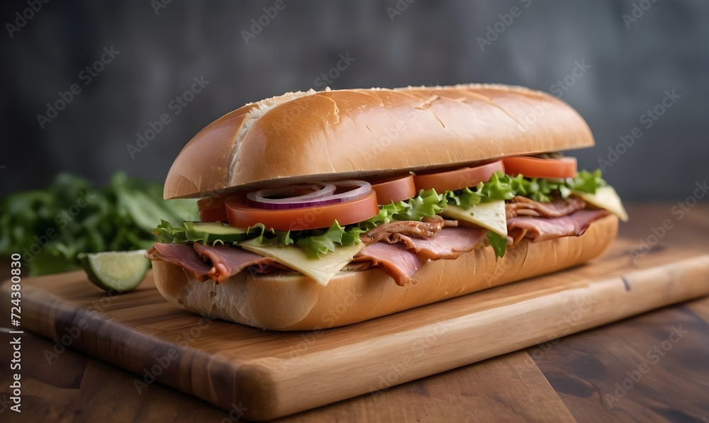 A sub sandwich sitting on top of a cutting board A sub sandwich sitting on top of a cutting board
