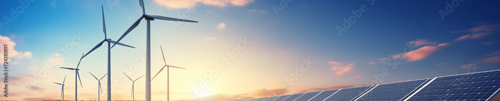 solar cell plant and wind generators under blue sky on sunset solar cell plant and wind generators under blue sky on sunset