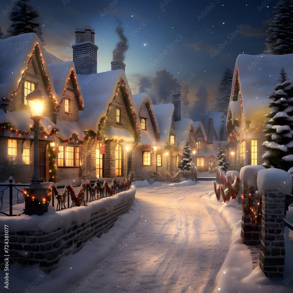 Christmas and New Year holidays background. Winter village in snow. Christmas and New Year concept.
