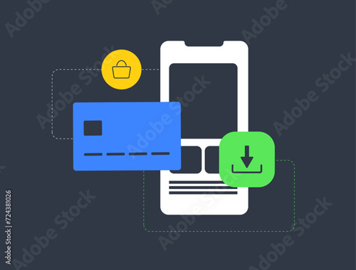 In-app purchase concept. Payment from bank card directly in mobile application. Consumable, Non-consumable, Auto-renewable and Non-renewing subscriptions. Vector illustration on black background