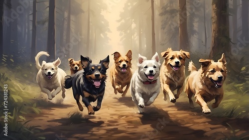 Dogs running away in the forest