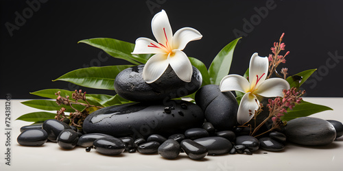 Black pebbles with white flowers in spa