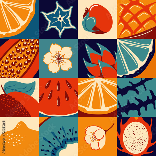Tropical exotic fruits. Retro design. Vintage summer seamless pattern. Fresh lemon and lime wedges, watermelon, pitahaya dragon, star fruit and papaya, mango and kiwi. Healthly food. For menu, cafe