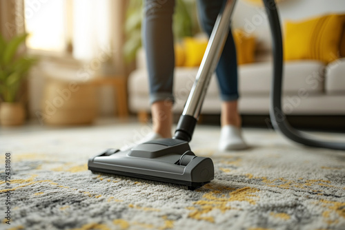 Hands holding vacuum cleaner of female cleaning service worker vacuums rug in living room kitchen. Concept of cleaning and disinfection in modern apartments  photo