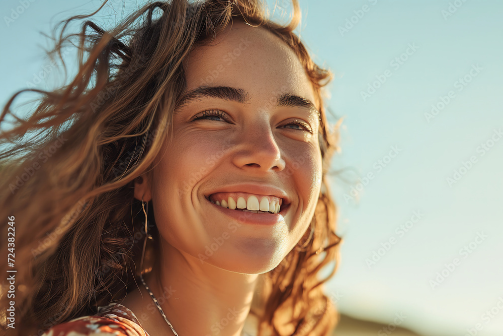 Amidst the windswept sky, a carefree woman exudes joy with her beaming smile and tousled surfer hair, radiating confidence and happiness in her portrait Amidst the windswept sky, a carefree woman exudes joy with her beaming smile and tousled surfer hair, radiating confidence and happiness in her portrait