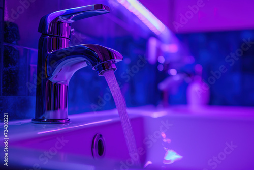 A vibrant purple faucet in an indoor bathroom releases a steady stream of water, a reminder of the essential role plumbing fixtures play in our daily lives photo