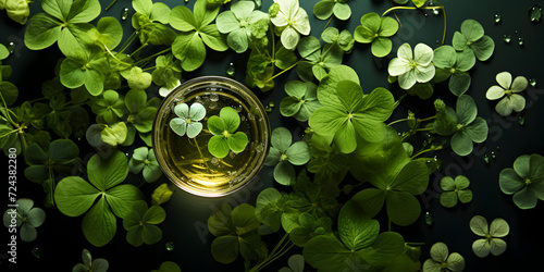 Green clover leaves with glass of drink