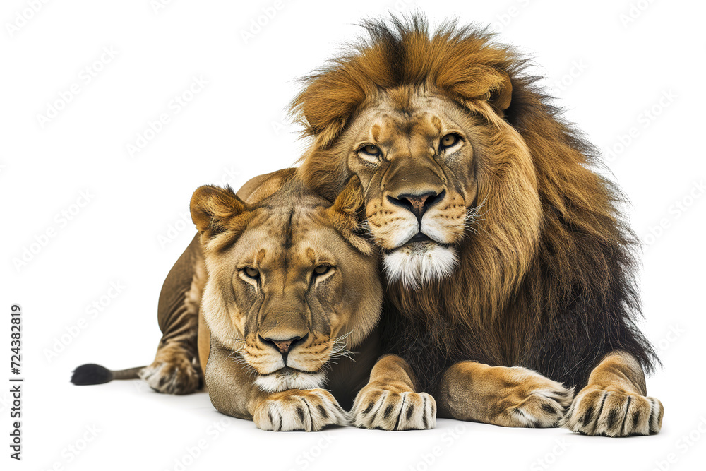 Fototapeta premium A majestic masai lion and lioness rest peacefully side by side, their powerful forms and luscious fur blending seamlessly as they embody the essence of wild beauty and love in the animal kingdom