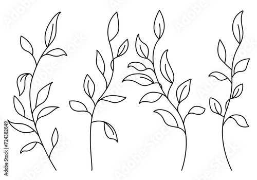 Set of Black Sketch Silhouettes of Branches and Leaves on White Background. Minimal Line Art Hand Drawn Vector Botanical Elements Collection. Leaves Line Drawing Set for Modern Floral Design.