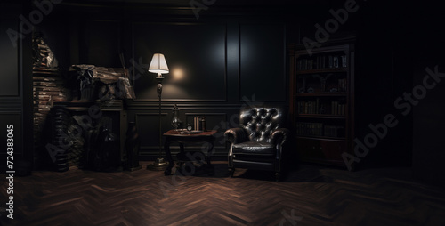 luxury interior, dark room with dim lighting with a chair in the room